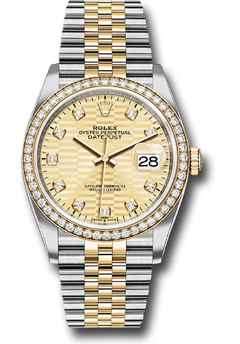 Rolex Yellow Rolesor Datejust 36 Watch - Diamond Bezel - Golden Fluted Motif Diamond Dial - Jubilee Bracelet