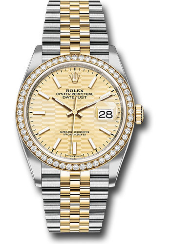Rolex Yellow Rolesor Datejust 36 Watch - Diamond Bezel - Golden Fluted Motif Index Dial - Jubilee Bracelet