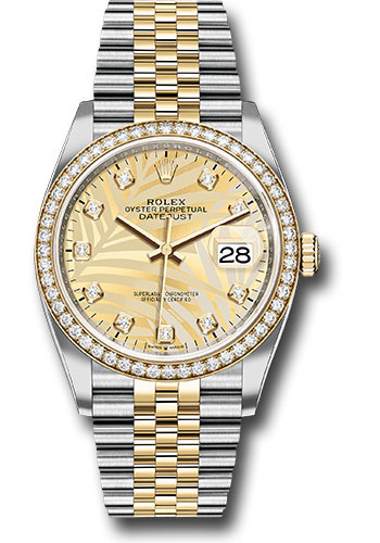 Rolex Yellow Rolesor Datejust 36 Watch - Diamond Bezel - Golden Palm Motif Diamond Dial - Jubilee Bracelet
