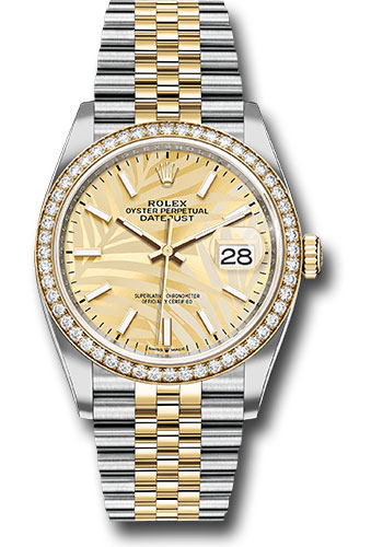 Rolex Yellow Rolesor Datejust 36 Watch - Diamond Bezel - Golden Palm Motif Index Dial - Jubilee Bracelet