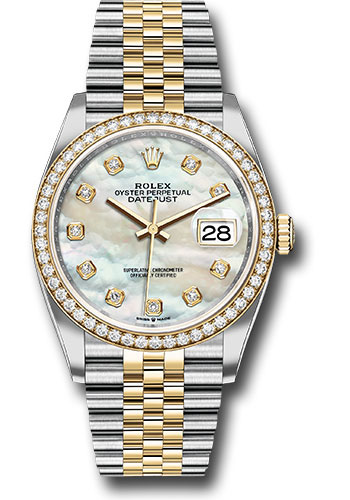 Rolex Steel and Yellow Gold Rolesor Datejust 36 Watch - Yellow Diamond Bezel - White Mother-Of-Pearl Diamond Dial - Jubilee Bracelet