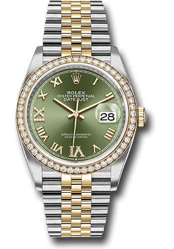 Rolex Steel and Yellow Gold Rolesor Datejust 36 Watch - Yellow Diamond Bezel - Olive Green Roman Dial - Jubilee Bracelet