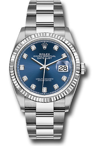 Rolex Steel Datejust 36 Watch - Fluted Bezel - Blue Diamond Dial - Oyster Bracelet