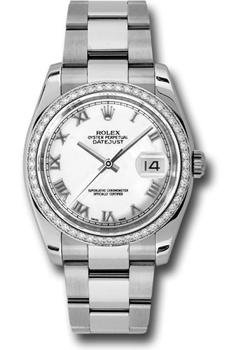 Rolex Steel and White Gold Datejust 36 Watch - 52 Diamond Bezel - White Roman Dial - Oyster Bracelet
