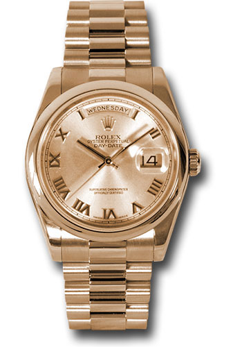 Rolex Pink Gold Day-Date 36 Watch - Domed Bezel - Pink Champagne Roman Dial - President Bracelet
