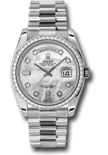Rolex Platinum Day-Date 36 Watch - Bezel - Mother-Of-Pearl Diamond Dial - President Bracelet