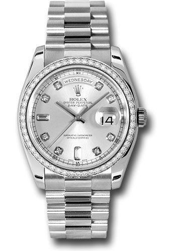 Rolex Platinum Day-Date 36 Watch - Bezel - Silver Diamond Dial - President Bracelet