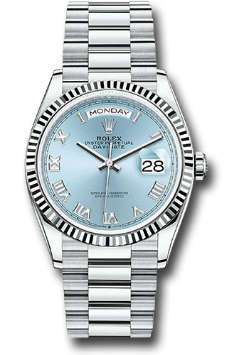 Rolex Platinum Day-Date 36 Watch - Fluted Bezel - Ice Blue Roman Dial - President Bracelet