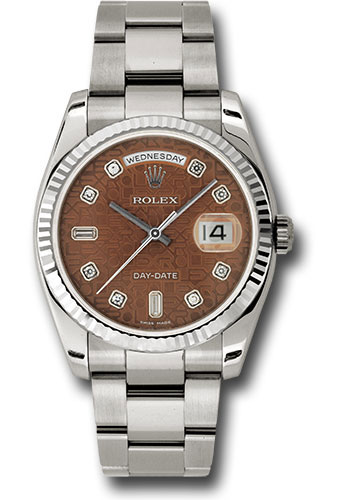 Rolex White Gold Day-Date 36 Watch - Fluted Bezel - Havana Brown Jubilee Diamond Dial - Oyster Bracelet