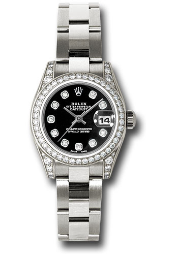 Rolex White Gold Lady-Datejust 26 Watch - 42 Diamond Bezel - Black Diamond Dial - Oyster Bracelet