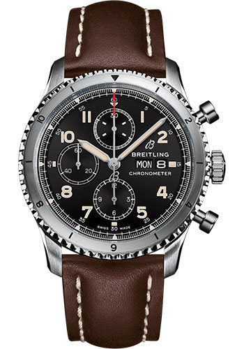 Breitling Aviator 8 Chronograph 43 Watch - Stainless Steel - Black Dial - Brown Calfskin Leather Strap - Folding Buckle