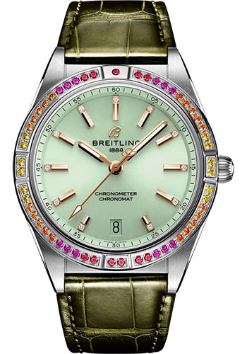 Breitling Chronomat Automatic 36 South Sea Watch - Stainless Steel (Gem-set) - Mint Green Dial - Green Alligator Leather Strap - Folding Buckle