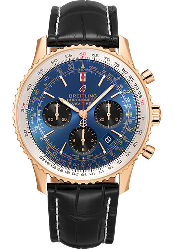 Breitling Navitimer B01 Chronograph 43 Watch - 18k Red Gold - Blue Dial - Black Croco Strap - Folding Buckle