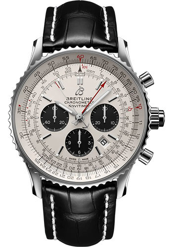Breitling Navitimer B03 Chronograph Rattrapante 45 Watch - Stainless Steel - Silver Dial - Black Alligator Leather Strap - Folding Buckle
