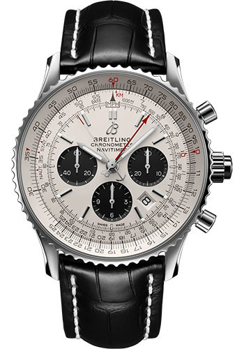 Breitling Navitimer B03 Chronograph Rattrapante 45 Watch - Stainless Steel - Silver Dial - Black Alligator Leather Strap - Tang Buckle