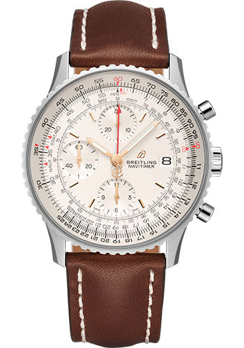 Breitling Navitimer Chronograph 41 Watch - Steel - Mercury Silver Dial - Brown Leather Strap - Folding Buckle