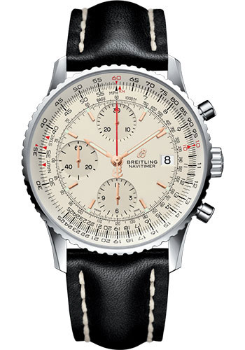 Breitling Navitimer Chronograph 41 Watch - Steel - Mercury Silver Dial - Black Leather Strap - Folding Buckle