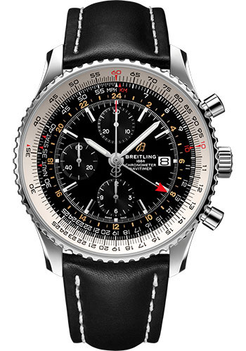 Breitling Navitimer Chronograph GMT 46 Watch - Steel - Black Dial - Black Leather Strap - Tang Buckle