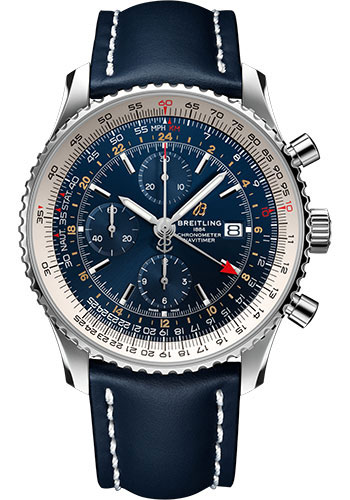 Breitling Navitimer Chronograph GMT 46 Watch - Steel - Blue Dial - Blue Leather Strap - Tang Buckle