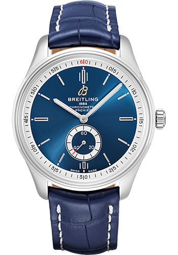 Breitling Premier Automatic Watch - 40mm Steel Case - Blue Dial - Blue Croco Strap