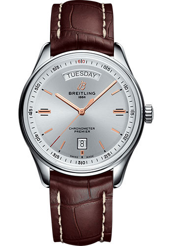 Breitling Premier Automatic Day & Date Watch - 40mm Steel Case - Silver Dial - Brown Croco Strap
