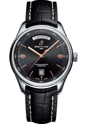 Breitling Premier Automatic Day & Date Watch - 40mm Steel Case - Black Dial - Black Croco Strap
