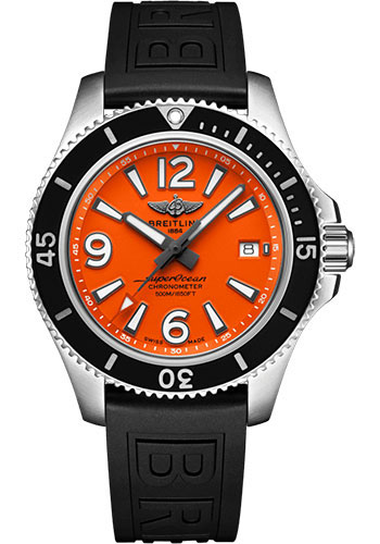 Breitling Superocean II 42 Watch - Steel - Orange Dial - Black Diver Pro III Strap - Folding Buckle