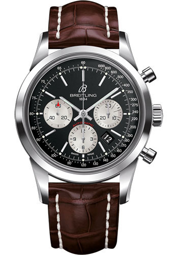 Breitling Transocean Chronograph Watch - Steel - Black Dial - Brown Croco Strap - Tang Buckle