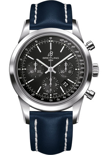 Breitling Transocean Chronograph Watch - Steel - Black Dial - Blue Leather Strap - Tang Buckle