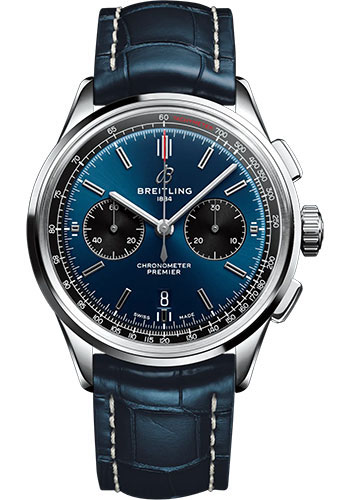 Breitling Premier B01 Chronograph 42 Watch - Stainless Steel - Blue Dial - Blue Alligator Leather Strap - Tang Buckle