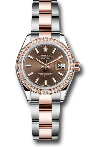 Rolex Steel and Everose Gold Rolesor Lady-Datejust 28 Watch - Diamond Bezel - Chocolate Index Dial - Oyster Bracelet