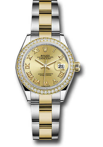 Rolex Steel and Yellow Gold Rolesor Lady-Datejust 28 Watch - Diamond Bezel - Champagne Roman Dial - Oyster Bracelet