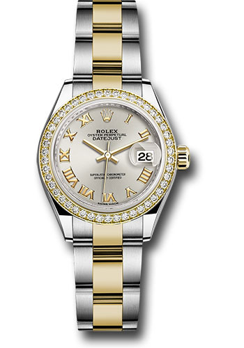 Rolex Steel and Yellow Gold Rolesor Lady-Datejust 28 Watch - Diamond Bezel - Silver Roman Dial - Oyster Bracelet