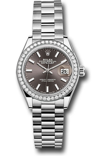 Rolex White Gold Lady-Datejust Watch - 44 Diamond Bezel - Dark Grey Index Dial - President Bracelet