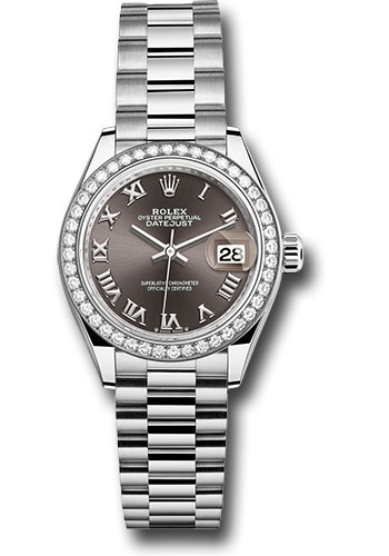 Rolex White Gold Lady-Datejust Watch - 44 Diamond Bezel - Dark Grey Roman Dial - President Bracelet