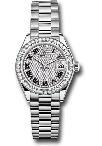 Rolex White Gold Lady-Datejust Watch - 44 Diamond Bezel - Diamond-Paved Diamond Dial - President Bracelet