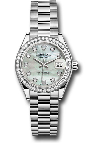 Rolex White Gold Lady-Datejust Watch - 44 Diamond Bezel - White Mother-Of-Pearl Diamond Dial - President Bracelet