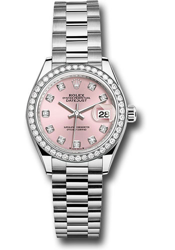 Rolex White Gold Lady-Datejust Watch - 44 Diamond Bezel - Pink Diamond Dial - President Bracelet