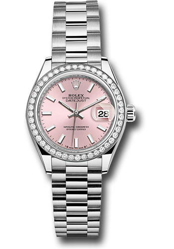 Rolex White Gold Lady-Datejust Watch - 44 Diamond Bezel - Pink Index Dial - President Bracelet