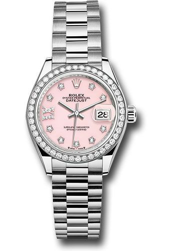 Rolex White Gold Lady-Datejust Watch - 44 Diamond Bezel - Pink Opal Diamond Dial - President Bracelet