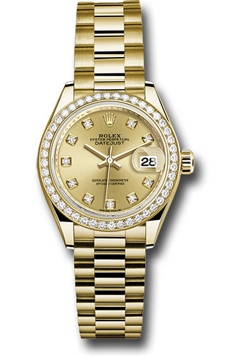 Rolex Yellow Gold Lady-Datejust 28 Watch - 44 Diamond Bezel - Champagne Diamond Dial - President Bracelet