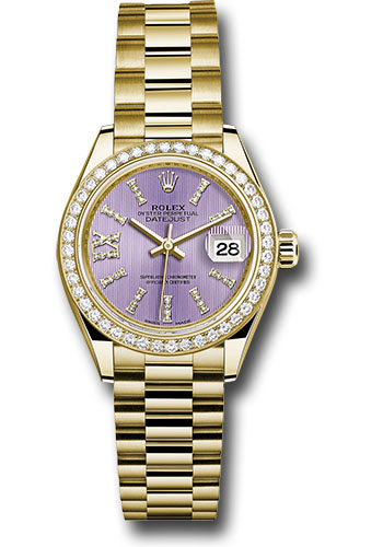 Rolex Yellow Gold Lady-Datejust 28 Watch - 44 Diamond Bezel - Lilac Stripe Diamond Index Dial - President Bracelet