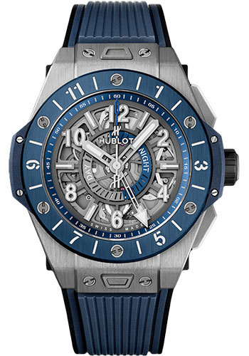 Hublot Big Bang Unico Gmt Titanium Blue Ceramic Watch - 45 mm - Blue And Anthracite Grey Skeleton Dial