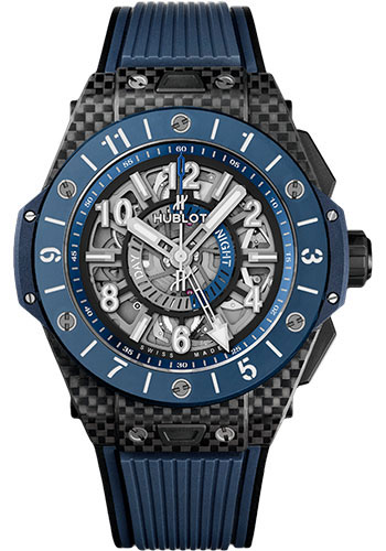 Hublot Big Bang Unico Gmt Carbon Blue Ceramic Watch - 45 mm - Blue And Black Skeleton Dial