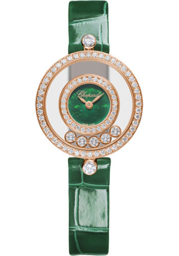 Chopard Happy Diamonds Icons Watch - 25.80 mm Rose Gold Diamond Case - Double Diamond Bezel - Green Dial - Green Strap