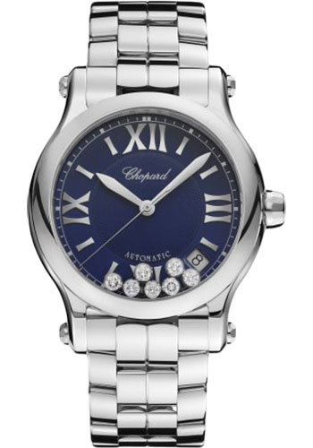 Chopard Happy Sport Round Watch - 36.00 mm Steel Diamond Case - Blue Dial