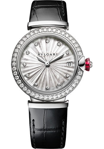 Bvlgari Lvcea Watch - 33 mm Stainless Steel Case - Diamond Bezel - White Mother-Of-Pearl Intarsia Marquetry Dial - Black Alligator Strap