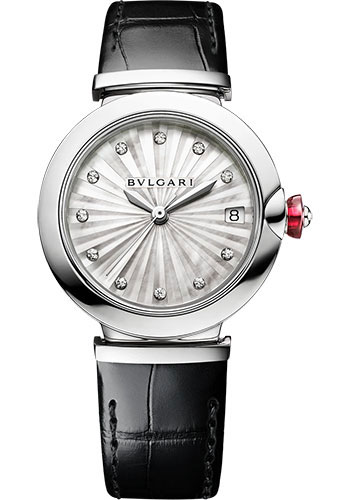 Bvlgari Lvcea Watch - 33 mm Stainless Steel Case - White Mother-Of-Pearl Intarsia Marquetry Dial - Black Alligator Strap