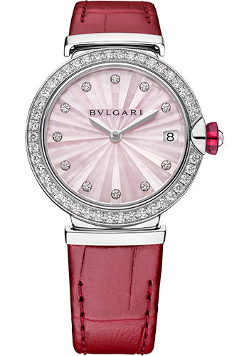 Bvlgari Lvcea Watch - 33 mm Stainless Steel Case - Diamond Bezel - Pink Mother-Of-Pearls Dial - Pink Alligator Strap