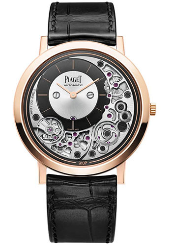 Piaget Altiplano Ultimate Automatic Watch - Rose Gold Case - Black Off-Center Dial - Black Strap